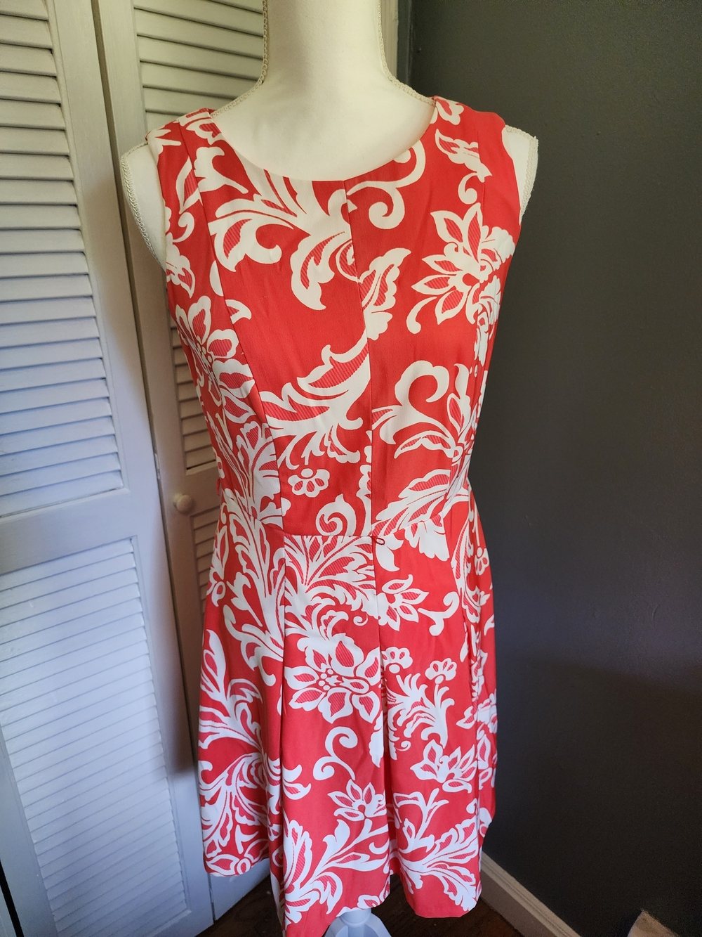 dressbarn Coral and White Floral Sleeveless Fit-and-Flare Dress
